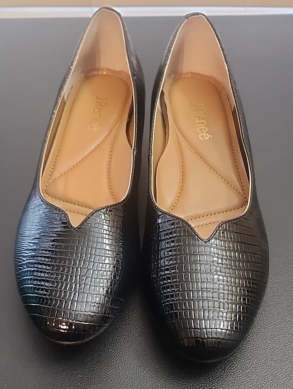 J.Renee Black Croc-Texture Slip-On Ballet Flats